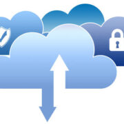 Blue clouds with security logos and arrows introducing connectivity with on-premise infrastructure. Modern network architecture.